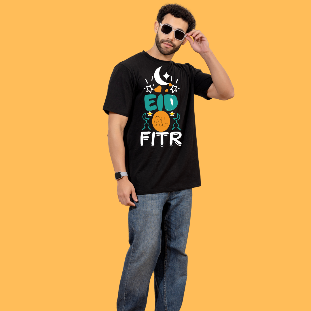 Eid Al Fitr Celebration T-Shirt, Black 100% Cotton, Festive Moon and Stars Design